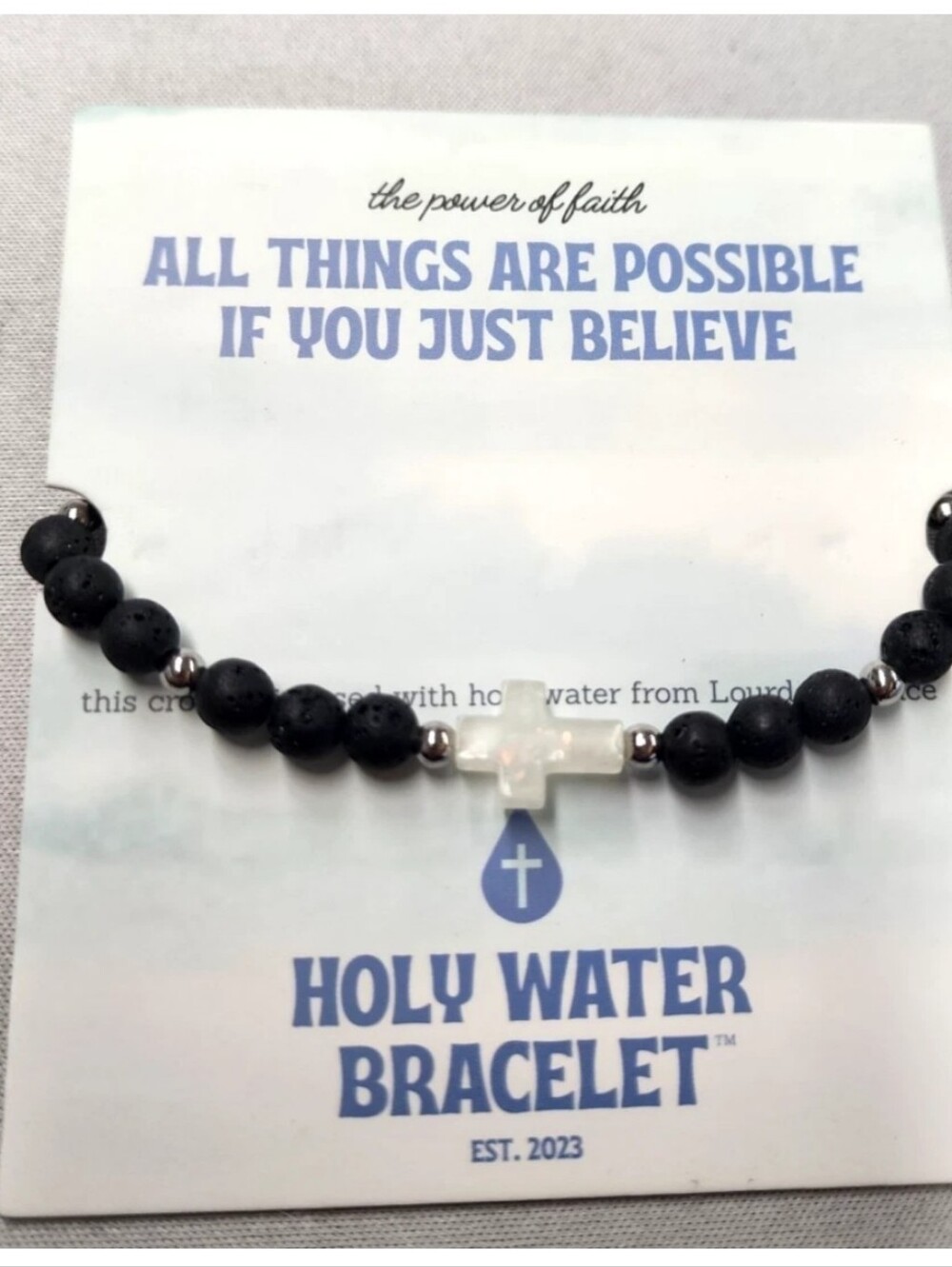 Holy Water Bracelet 7.5" Stretch Lava Rick & silver tone Beads Unisex